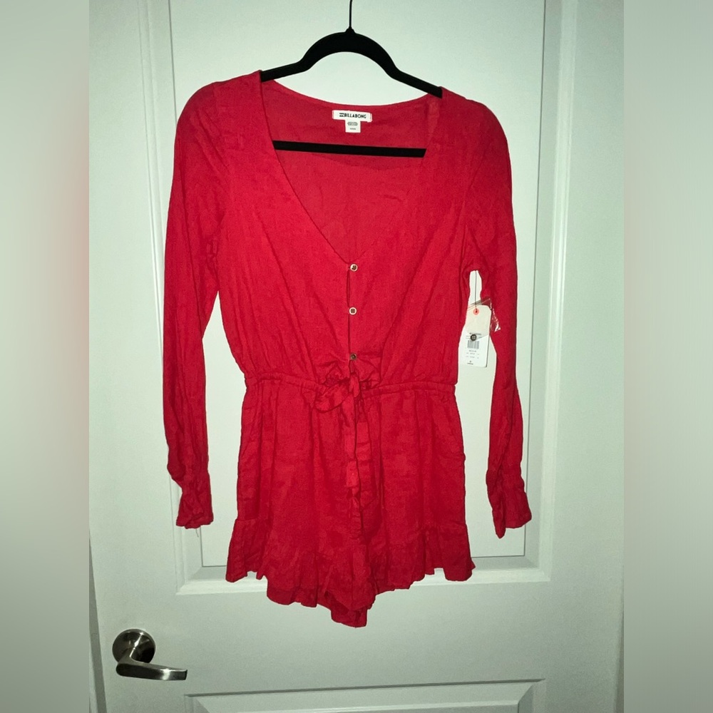 Billabong Red Long-Sleeve Romper with Tie Waist - Picture 3 of 9